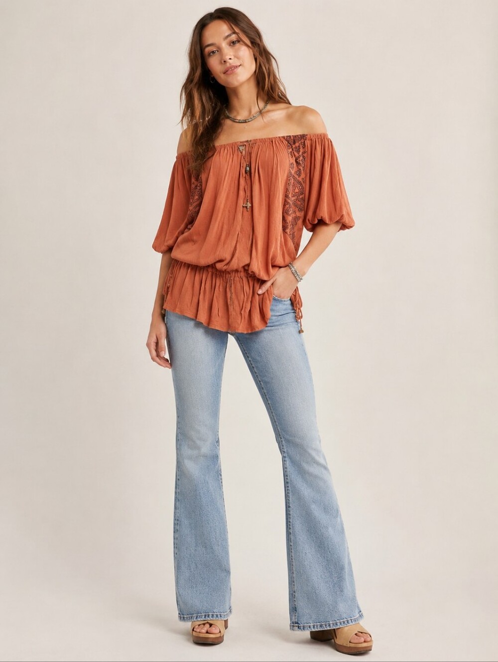 ❤️ FREE PEOPLE EMBROIDERED NEW WORLD OFF SHOULDER BUTTERFLY TUNIC TOP, SMALL